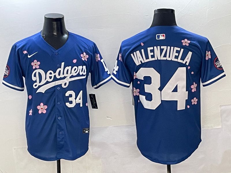 Men Los Angeles Dodgers #34 Valenzuela Blue Sakura Edition 2025 Nike MLB Jersey style 2